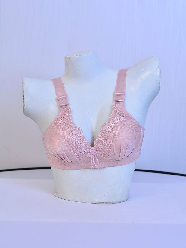 High Quality Adjustable Straps Cute Embroidered Padded Bridal Bra (Pink)